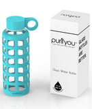 purifyou Premium Glass Water Bottle with Silicone Sleeve & Stainless Steel Lid Insert, 12/22 / 32 oz (5 Pack Aqua Blue, 32 oz)