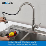 Kitchen Faucet Pull Down Sprayer - WEWE A1008L Stainless Steel Sink Faucets Single Handle High Arc Brushed Nickel Faucet with Pull Out Sprayer