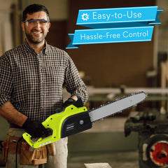 8 Amp Electric Corded Chainsaw - High Power Handheld Tree Pruner Trimmer Electrical Saw w/ 10ft Cord, 12 Inch Alloy Steel Cutting Blade, Oil Container, No Tool Chain Adjuster - SereneLife PSLTLL1516